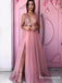 V Neck Pink Long Evening Party Dresses Split Prom Dresses With Beading, TYP1706