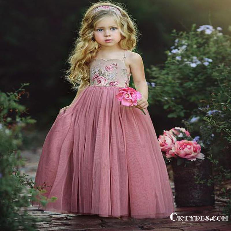 Spaghetti Strap Long Dusty Rose Floral Flower Girl Dresses, TYP1218