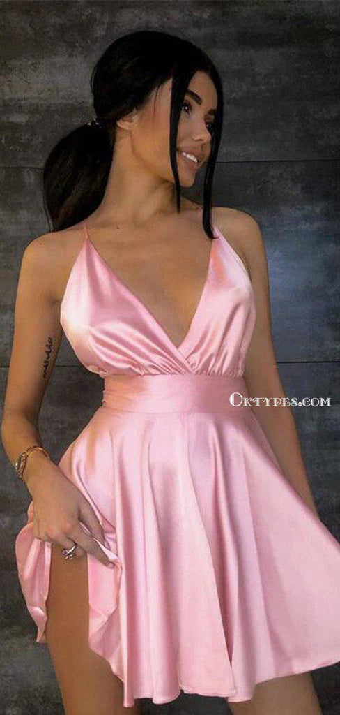 Simple Pink Spaghetti Strap Cheap Short Homecoming Dresses, HDS0004