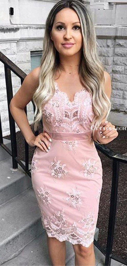 Charming V-neck Pink Lace Cheap Short Homecoming Dresses, HDS0008