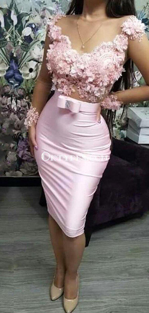 Elegant Scoop Pink Elastic Silk Lace Applique Mermaid Cheap Short Homecoming Dresses, HDS0015