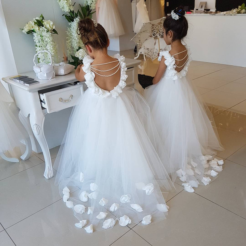 Backless Puffy Tulle Flower Girls Dresses with 3D Floral Appliques, TYP1379