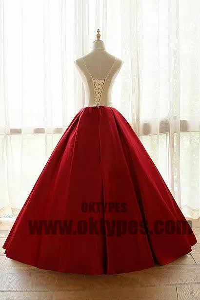 A-line Long Prom Dresses, Red Appliques Prom Dresses, Jewel Prom Dresses, Lace Up Prom Dresses, TYP0226