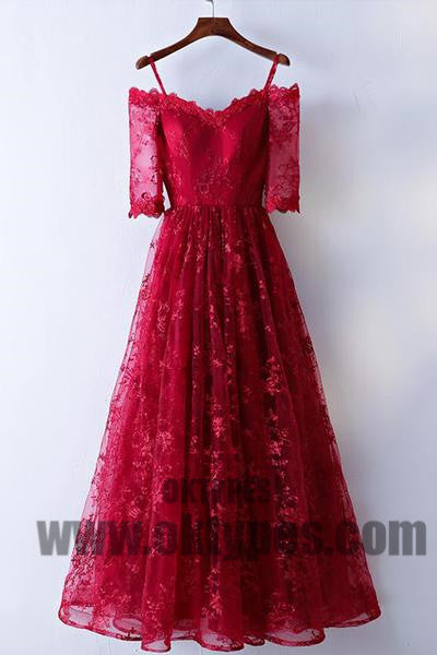 Red Long Floor Length Prom Dresses, Short Sleeve Lace Prom Dresses, Appliques Prom Dresses, Zipper Prom Dresses, TYP0243