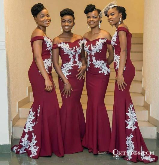 Dark Red Off Shoulder Long Cheap Bridesmaid Dresses With White Lace Applique, TYP1803