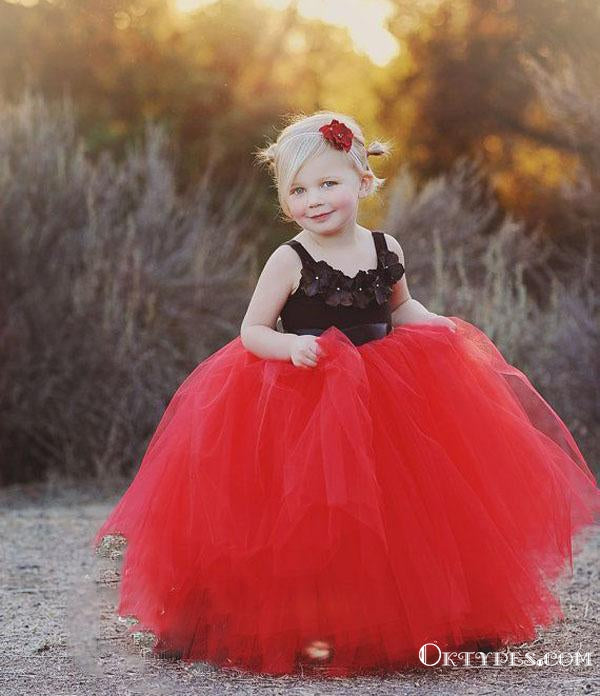 Lovely Black and Red Tulle Long Ball Gown Princess  Flower Girl Dresses, TYP1956