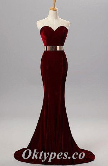 Sexy Burgandy Velvet Sweetheart Sleeveless Mermaid Long Prom Dresses With Metal Belt,PDS0546