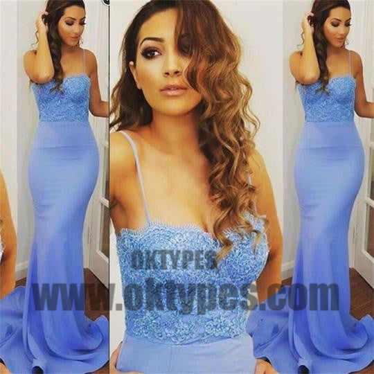 Sky Blue Long Mermaid Prom Dresses, Spaghetti Strap Prom Dresses, Appliques Prom Dresses, Zipper Prom Dresses, TYP0233