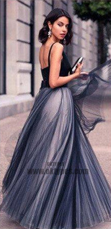 Long Floor Length Prom Dresses, V-neck Tulle Prom Dresses, Backless Prom Dresses, A-line Prom Dresses, TYP0213