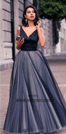 Long Floor Length Prom Dresses, V-neck Tulle Prom Dresses, Backless Prom Dresses, A-line Prom Dresses, TYP0213