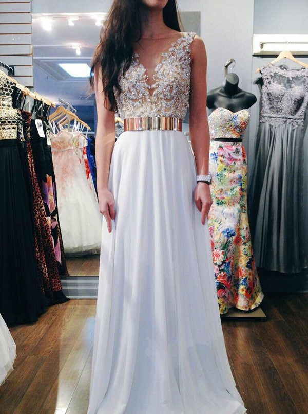 White Floor Length Prom Dresses, V-neck Prom Dresses, Beading Prom Dresses, V-back Prom Dresses, TYP0214