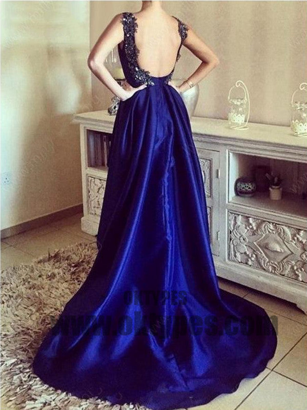 Royal Blue Prom Dresses, Asymmetrical Prom Dresses, Backless Prom Dresses, Appliques Prom Dresses With Little Beading, TYP0215