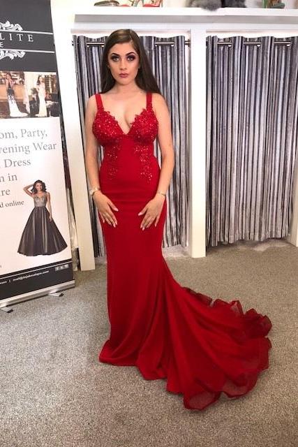 Gorgeous Mermaid V Neck Straps Dark Red Lace Long Prom Dresses, TYP1726