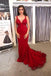 Gorgeous Mermaid V Neck Straps Dark Red Lace Long Prom Dresses, TYP1726