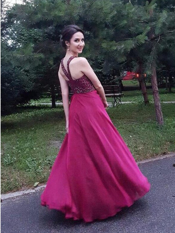 Burgundy Halter Formal Top Beaded Long Chiffon Prom Evening Dresses, TYP1513