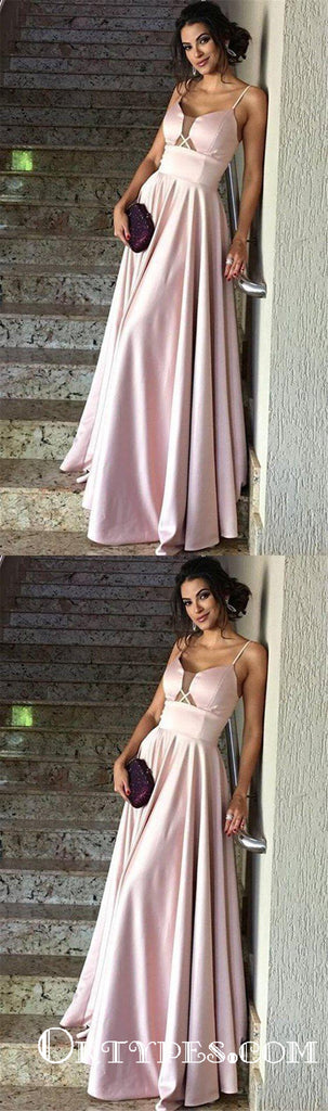 Elegant Spaghetti Strap Pink Satin Long Cheap Prom Dresses, TYP1841