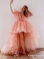 Elegant Sexy Deep V-neck Sleeveless Pink Tulle High Low A-line Long Cheap Evening Prom Dresses, PDS0030