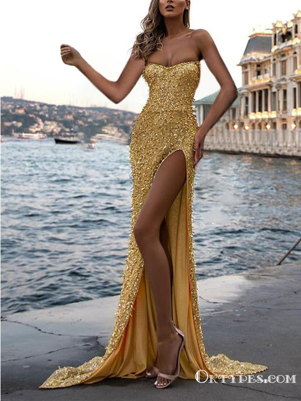 Sweethert Sparkly Yellow Sequin Sleeveless High Side Slit A-line Long Cheap Evening Prom Dresses, TYP2101