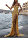 Sweethert Sparkly Yellow Sequin Sleeveless High Side Slit A-line Long Cheap Evening Prom Dresses, TYP2101