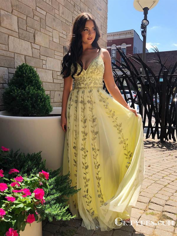 Spaghetti Straps V-neck Charming Sleeveless Long Cheap Yellow Tulle Appliqued Prom Dresses, TYP2092