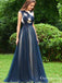 Charming Elegant Bateau Neckline Sleeveless Navy Blue Tulle A-line Long Cheap Prom Dresses With Applique, PDS0022