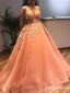 Ball Gown Charming Elegant Spaghetti Straps Sleeveless Organza Appliqued Long Cheap Prom Dresses, PDS0024