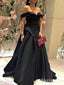 Off-The-Shoulder Charming Newest Black Satin A-line Long Cheap Evening Party Prom Dresses, PDS0025