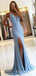 Mermaid V-Neck Split Front Light Blue Stretch Satin Prom Dresses Online, TYP1254