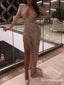 Sparkly High Neck Open Chest Long Sleeves High Side Slit Long Cheap Sequin Prom Dresses, TYP2096