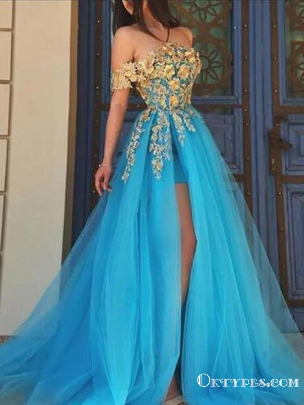 Charming Off-The-Shoulder Blue Tulle Gold Appliqued High Side Slit A-line Long Cheap Prom Dresses, PDS0029