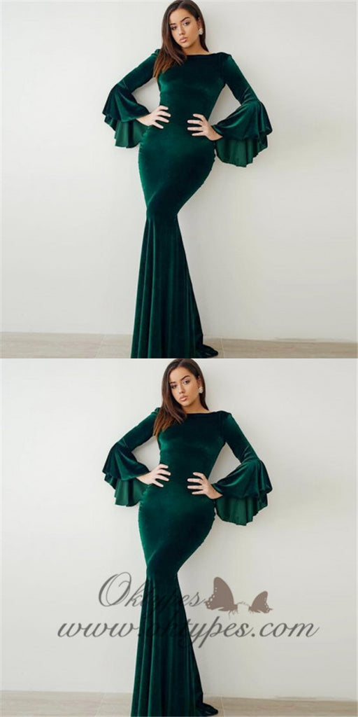 Mermaid Bateau Flare Sleeves Long Cheap Green Velvet Prom Dresses, TYP1275