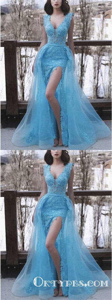 Dreamy Mermaid Blue V-neck Sleeveless Prom Dresses with Detachable Train Split, TYP1740