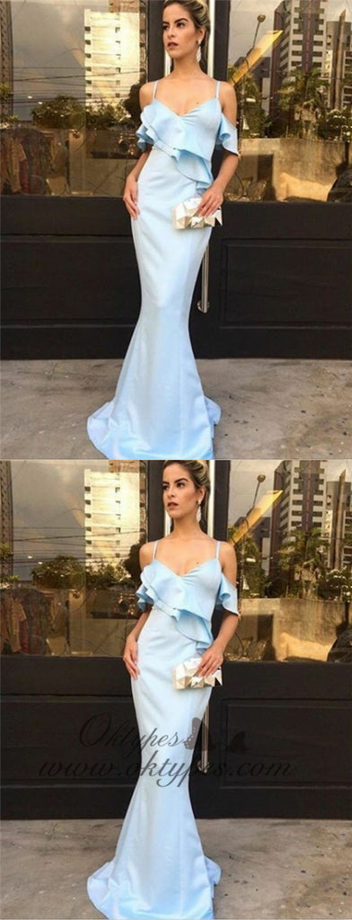 Mermaid Spaghetti Straps Light Blue Satin Prom Dresses with Ruffles, TYP1305