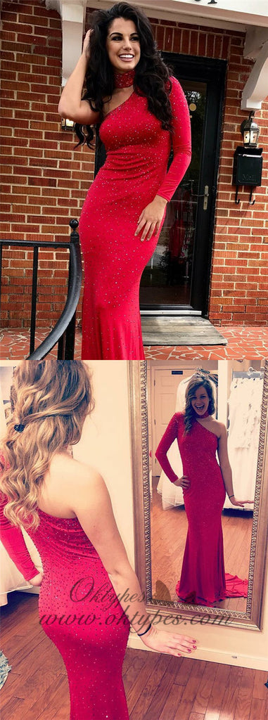 Mermaid One Shoulder Red Spandex Prom Dresses with Beading, TYP1341