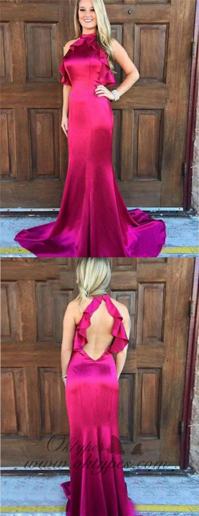 Mermaid Jewel Open Back Fuchsia Soft Satin Prom Dresses with Ruffles, TYP1299