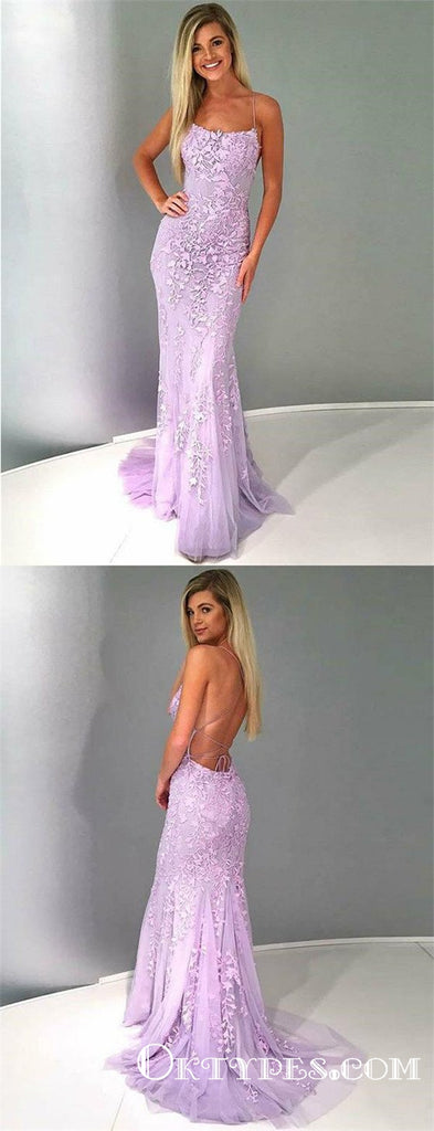 Spaghetti Straps Lilac Tulle Long Cheap Prom Dresses With Appliques, TYP1816