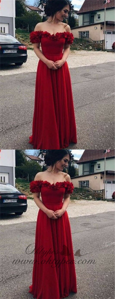 A-Line Off-the-Shoulder Dark Red Chiffon Prom Dresses with Flower, TYP1304