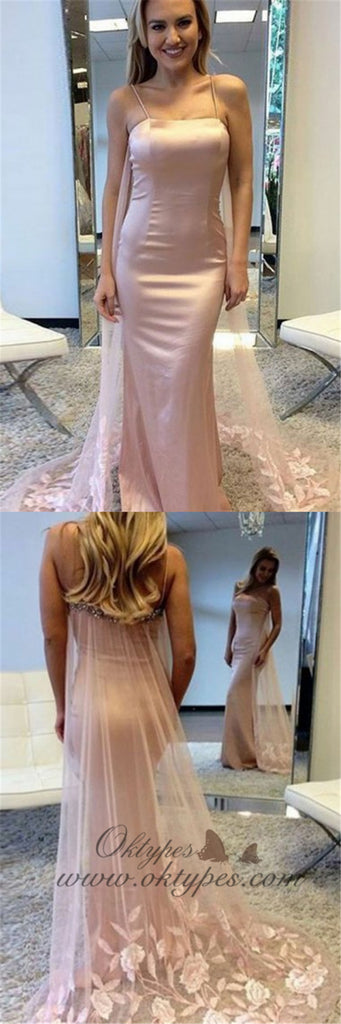 Mermaid Spaghetti Straps Long Cheap Blush Pink Prom Dresses with Appliques Beading, TYP1349