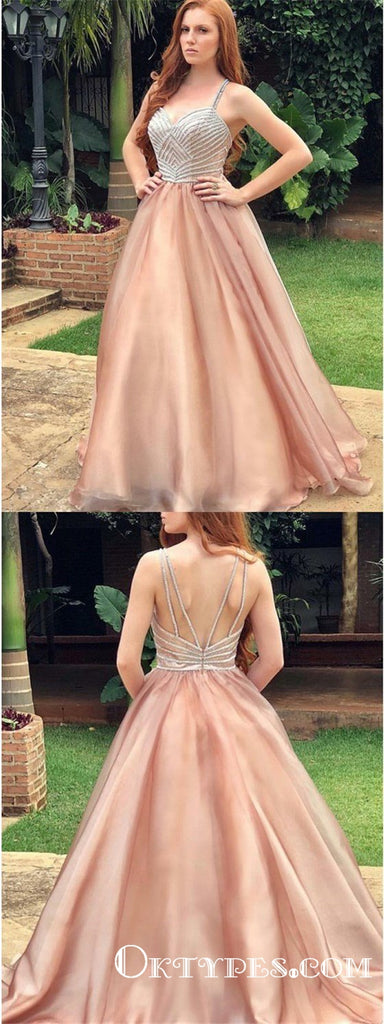 Spaghetti Straps Ball Gown Long Champagne Prom Dresses with Beaded, TYP1721