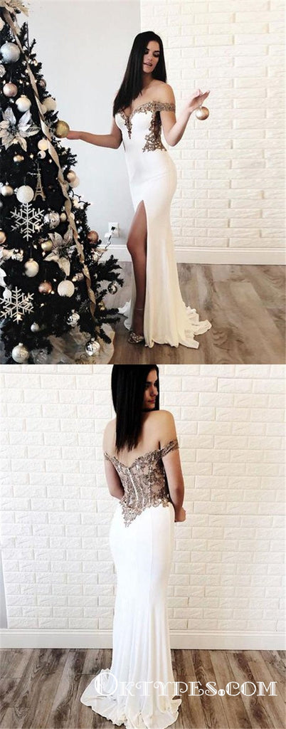 White Off Shoulder Long Cheap Mermaid Prom Dresses With Applique, TYP1907