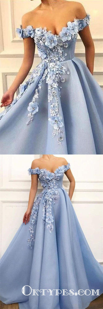 Light blue Off Shoulder A-line Long Prom Dresses With Flower Appliques, TYP1691