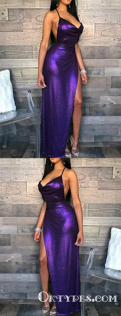 Halter Purple Long Split Evening Party Dress With Backless Prom Dresses, TYP1709