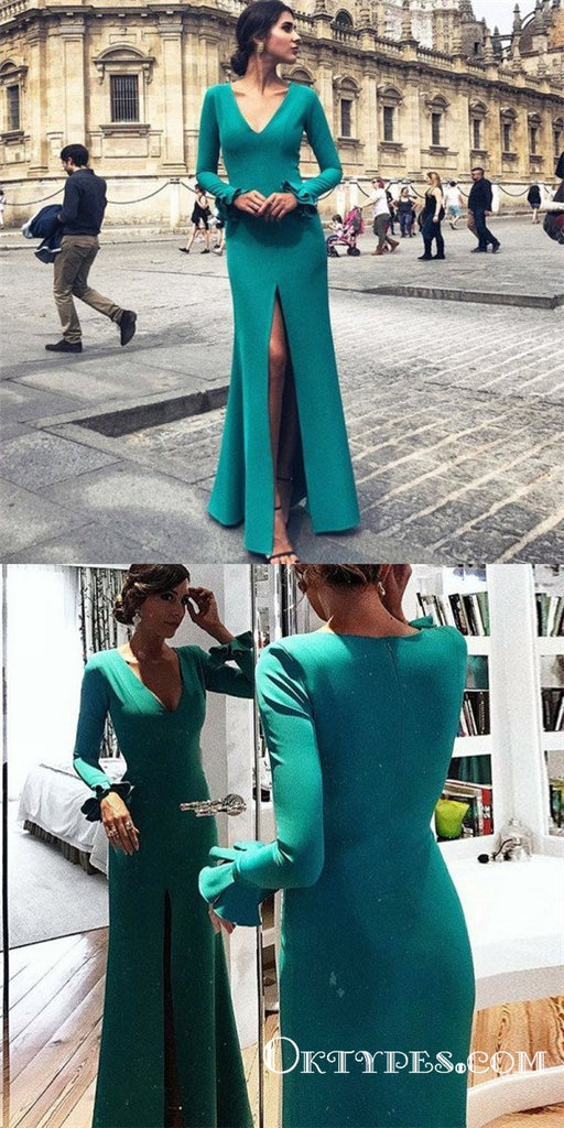 Mermaid Deep V-Neck Long Sleeves Green Long Prom Dresses with Ruffles, TYP1630