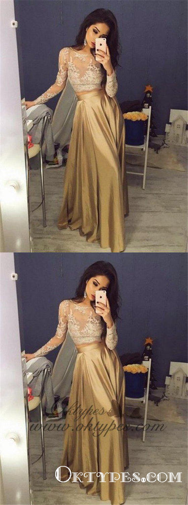 Two Piece Crew Long Sleeves Gold Elastic Satin Long Prom Dresses with Lace, TYP1620