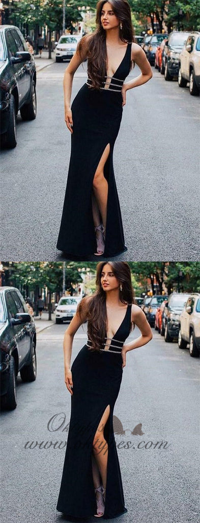 Elegant Black Deep V-neck Long Cheap Prom Dresses With Beaded, TYP1601