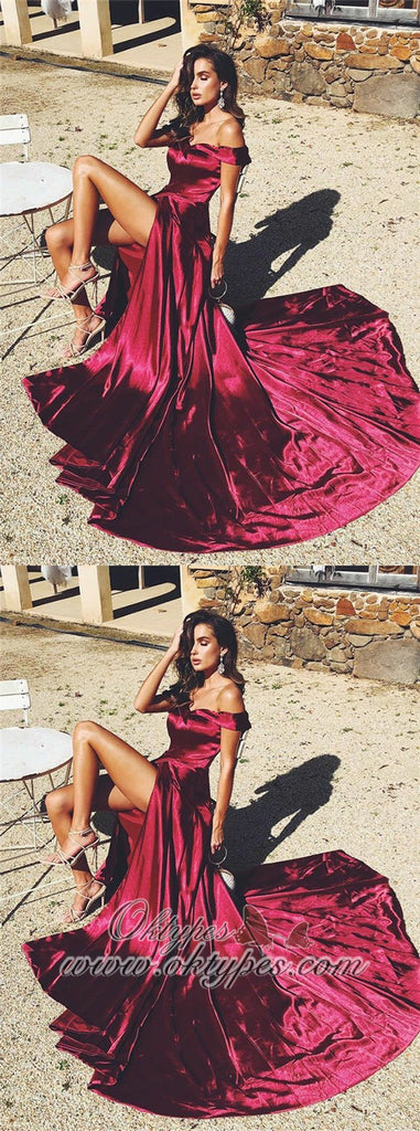 Charming Off Shoulder Split Sweep Train Fuchsia Prom Dresses, TYP1578