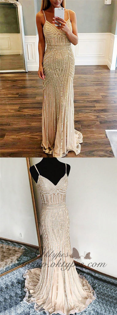 Mermaid Spaghetti Straps Long Champagne Prom Dress with Beading, TYP1529