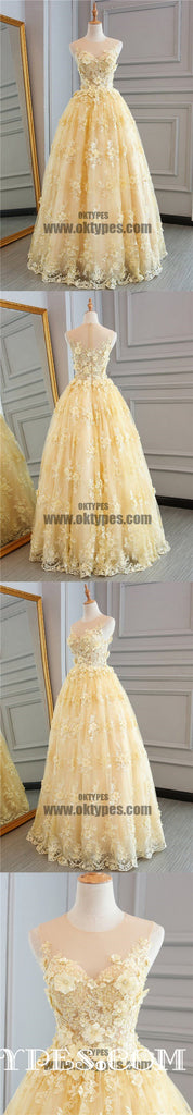 Spring Yellow Lace Customize Long A-line Senior Prom Dress, Long Lace Halter Evening Dress, TYP0455