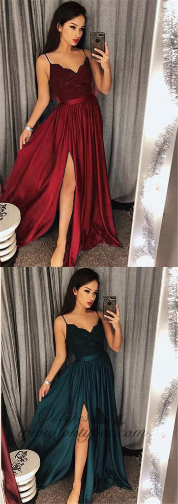 Spaghetti Strap Prom Dresses Long Lace V Neck Maxi High Split Evening Ball Gowns 2019, TYP1224