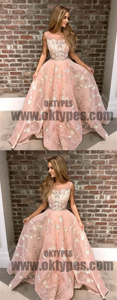 Pink Long Appliques Tulle Prom Dresses, Scoop Evening Prom Dresses, Prom Dresses, TYP0471